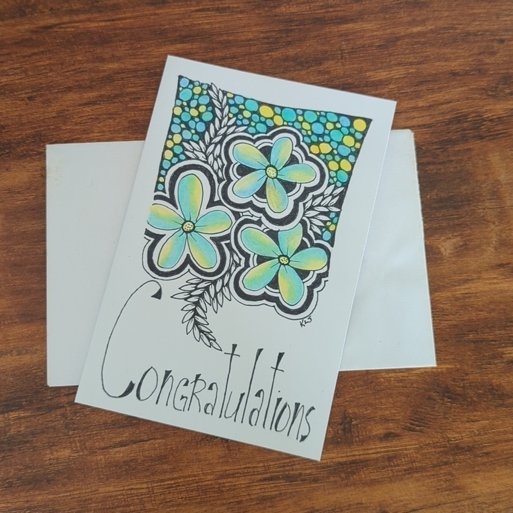 🌻 5/$20 Handmade Floral Zentangle Card- Blue, Yellow & Black- Congratulations